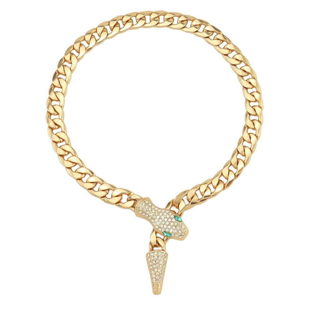Elegant Short Diamond-Studded Green Snake Head Choker with Adjustable Magnetic Clasp