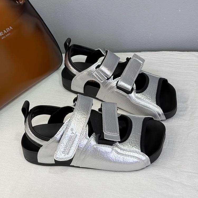 2025 popular niche crooked square head sandals women's white black versatile flat heel Velcro casual beach cool slippers