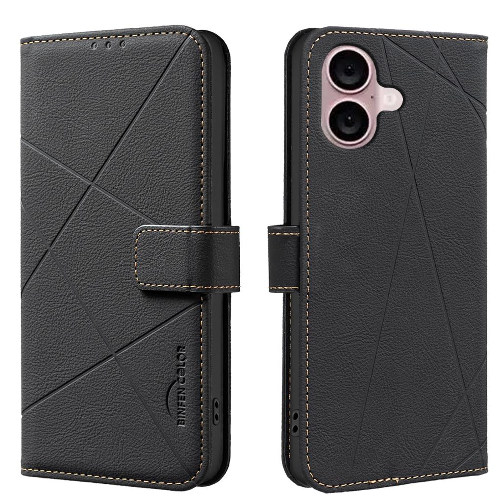 For iPhone 16 Plus Case BINFEN COLOR BF35 Geometry Imprinted Leather Phone Cover RFID Blocking Wallet Stand