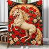 Horse and Roses Flannel Blanket Soft Warm Animal Print Throw Cover Artistic Home Decor Gift for Horse Lovers Cozy Bedding Living