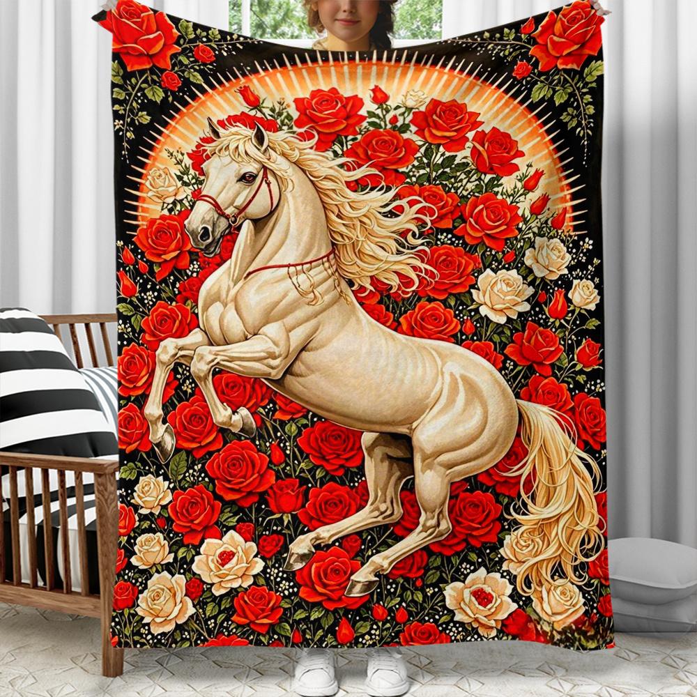Horse and Roses Flannel Blanket Soft Warm Animal Print Throw Cover Artistic Home Decor Gift for Horse Lovers Cozy Bedding Living
