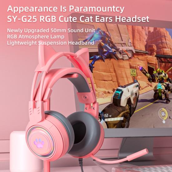 SY-G25 Wired Headphone RGB Lighting Omni-directional Mic Over-Ear Computer Headphone with Cute Cat Ear for E-sport