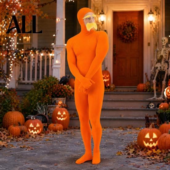 Lustiges Familienkostüm Gesicht Offen Halloween Kostüm, Unisex Ganzkörper Oranger Body mit Bart Langlebiger Cosplay Anzug Augenbrauen für Männer Frauen, Erwachsener