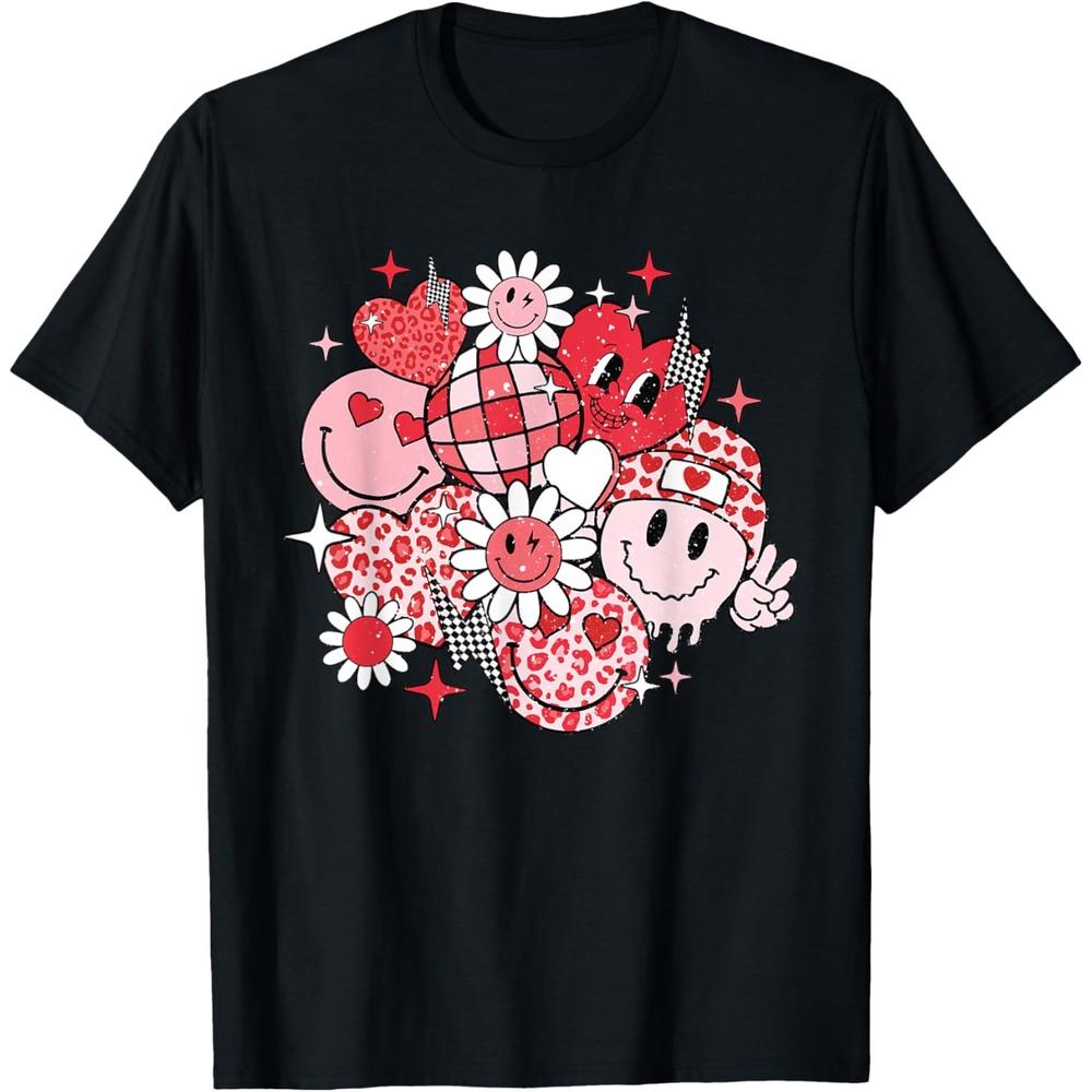 Smile Face Valentines Day Vibes Leopard Flower Groovy Retro T-Shirt S