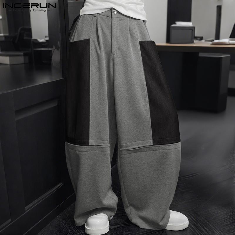 INCERUN Oversized Men Zipper Waist Pockets Stitching Wide Leg Pants Casual Long Trousers