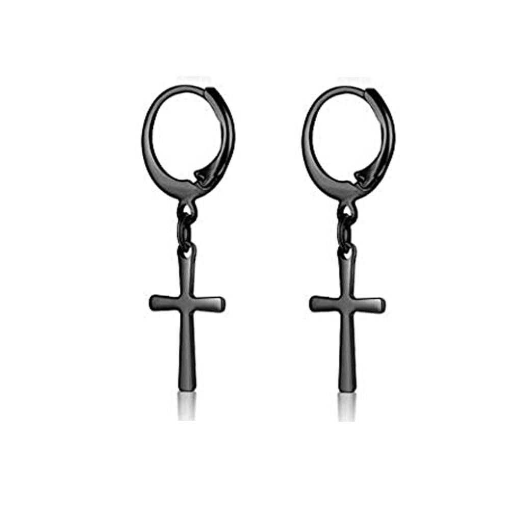 2pcs/set Black Or Silvery Unisex Punk Stainless Steel Cross Cone Feather Chain Pendant Hoop Earrings Ear Stud Jewelry Set