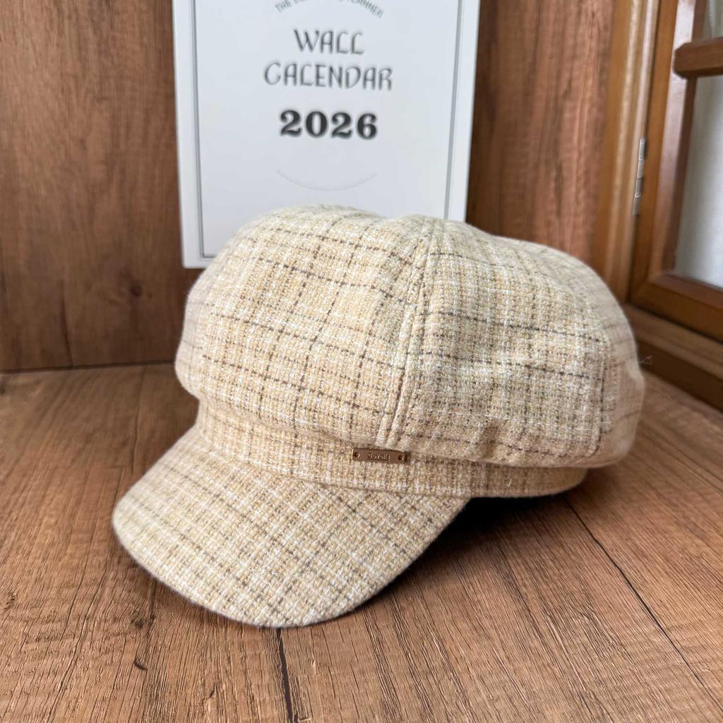 British retro plaid woolen newsboy hat women's metal standard octagonal hat beret autumn and winter cap modifying face shape