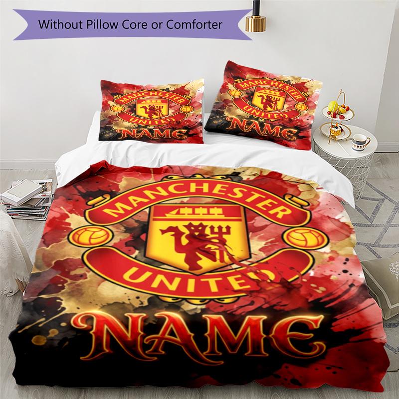 Manchester Football Logo Personalized Name Bedding Set,Breathable Bed Linen for Guest Room Decoration,Perfect Housewarming Gift,All Season Duvet Cover