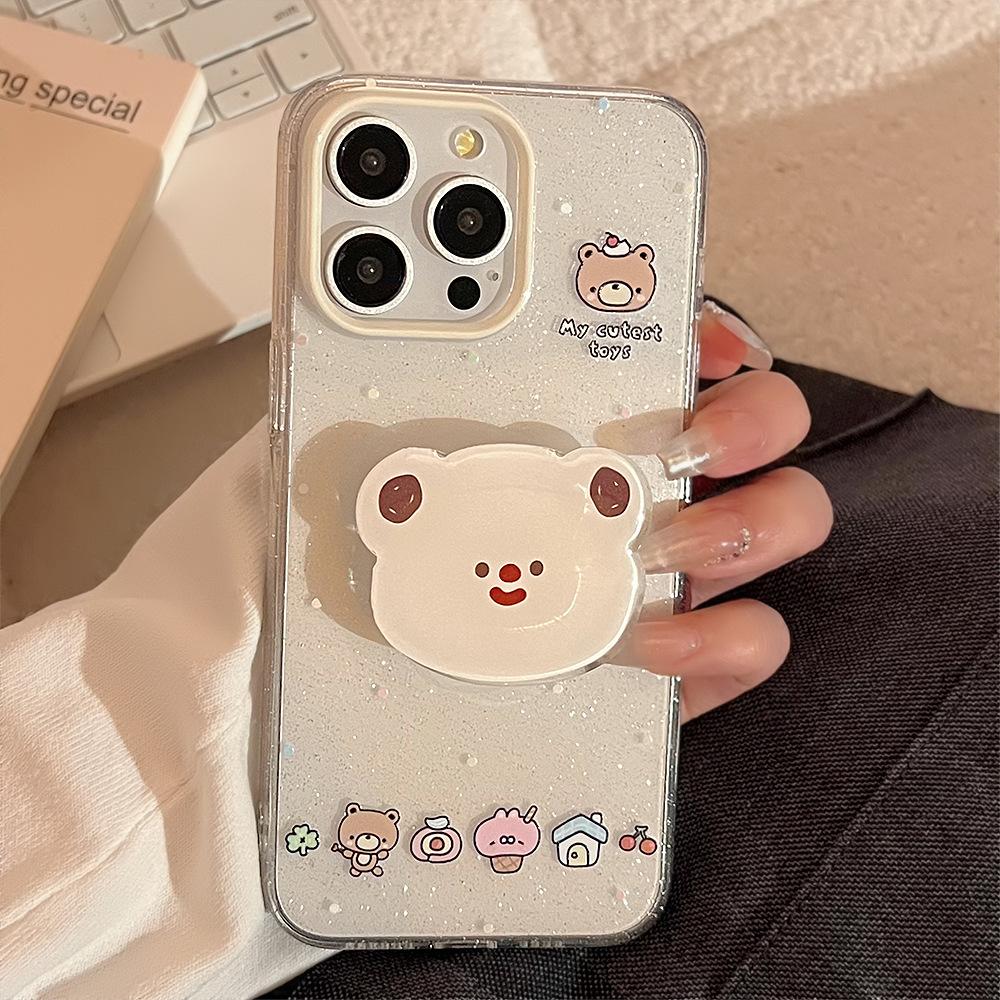 Bear Head Stand Apple 16 Mobile Phone Case 13 Glitter Powder Iphone14pro Max Suitable for 15 Soft Cute Cute