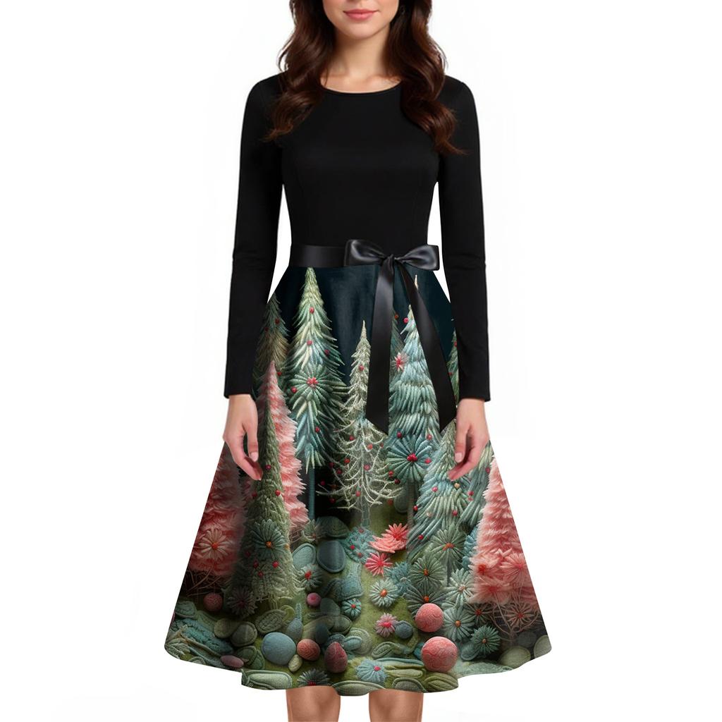 Women's Fashion Round Casual Slim Fit Christmas Print Large Swing Long Sleeve Dress