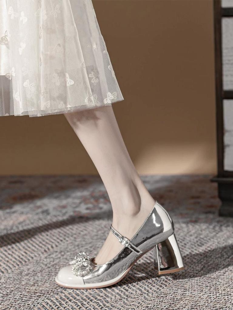 Pearl Bow Silver Round Toe Chunky Heel Mary Jane Shoes Spring Summer Shallow Shoes Fashion High Heeled Footwear