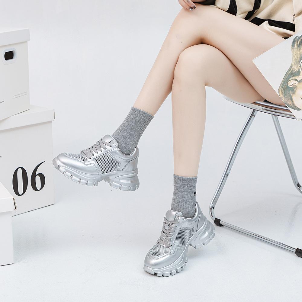 Galaxy fragments genuine leather through the net casual shoes women's 2025 spring new platform white shoes women's dad shoes versatile