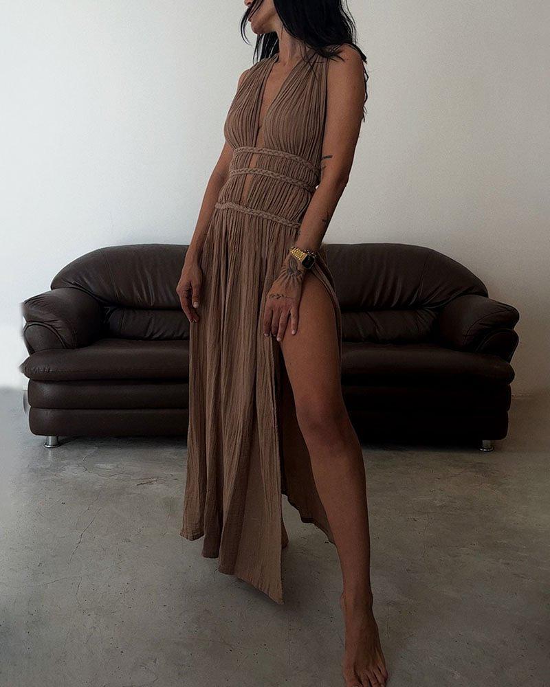 Bohemian Linen Sleeveless Braided Belt Slit Maxi Dress