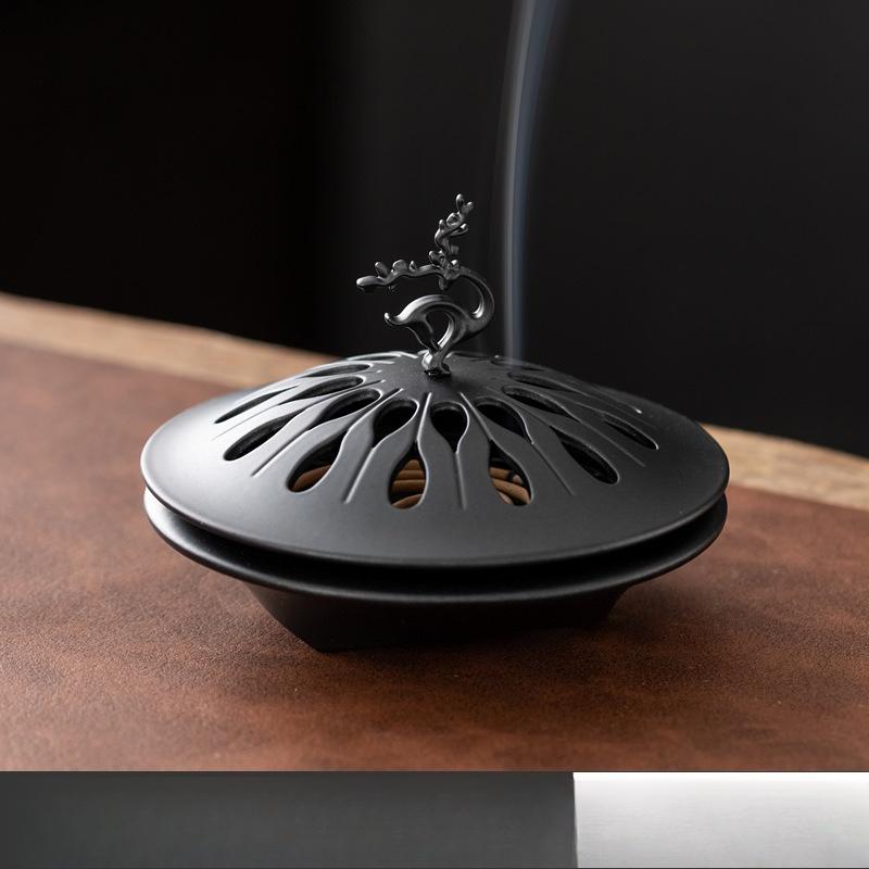 

Роскошная сплавная дзен-жаровня для сандаловых спиральных благовоний, с крышкой в виде благоприятного оленя, металлический сборщик пепла с сеткой, домашний орнамент