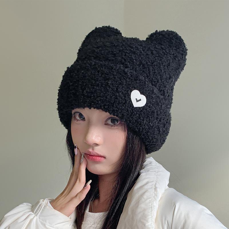 Cute Plush Bear Ears Woolen Hat for Women Autumn and Winter Love Pullover Cold Hat Versatile Warm Ear Protection Knitted Hat
