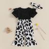 Baby Girl 2Pcs Spring Outfits Short Sleeve Round Neck Cow Embroidery Jumpsuit with Headband Set Newborn Clothes