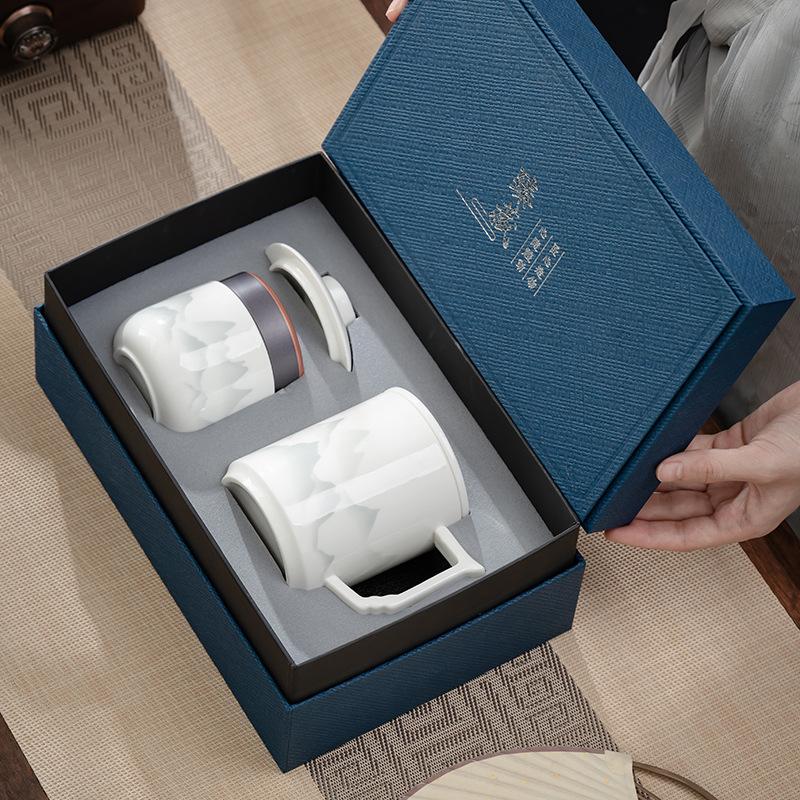 Zhenzang gift box, ink and wash Dehua white porcelain mug, household ceramic teacup with lid, personal office filter tea cup