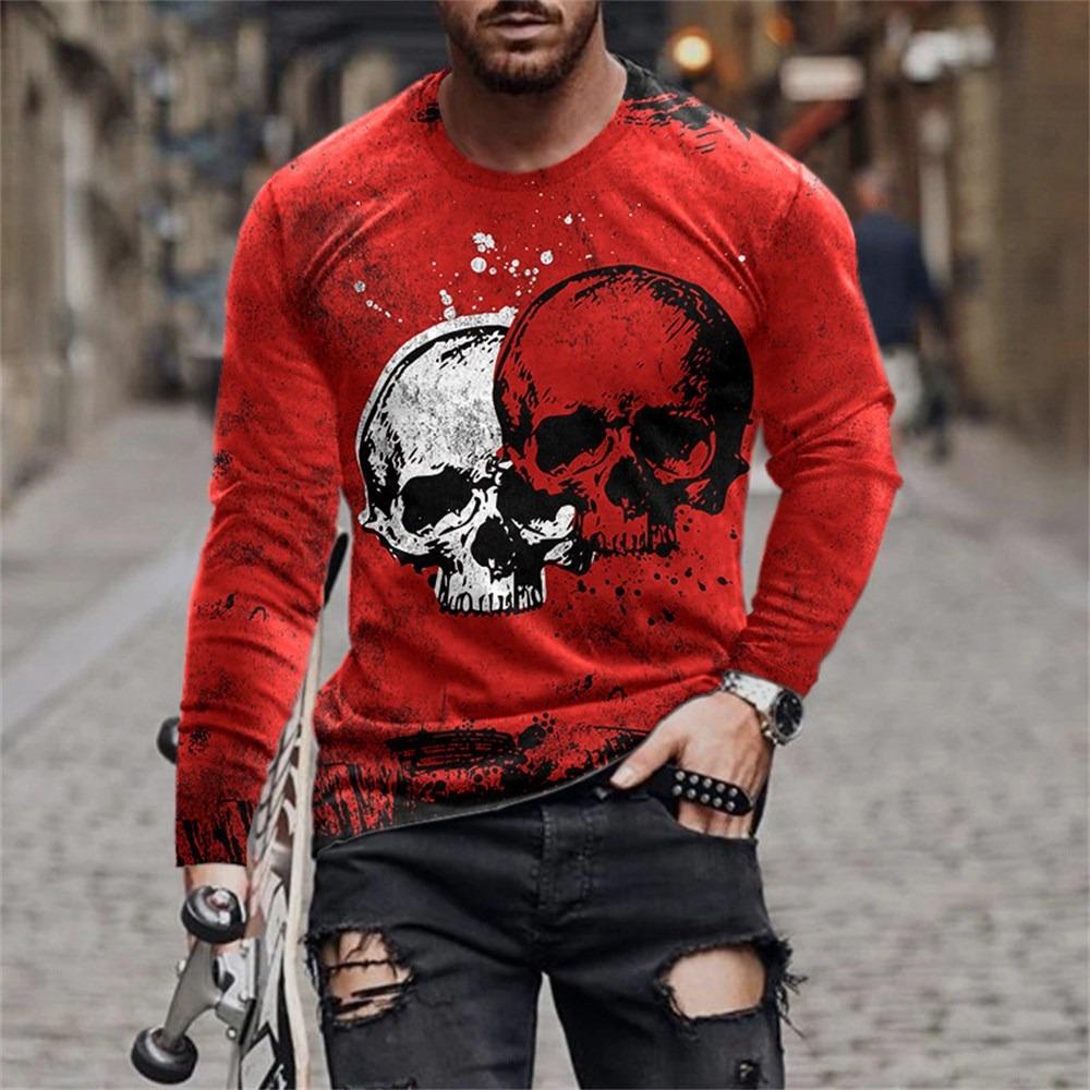 O-Neck Long Sleeve Plus Size T-shirt Men's Clothing Retro Men's Long Sleeve T-shirt 3D Printing Skull Long T-shirt Men's Street