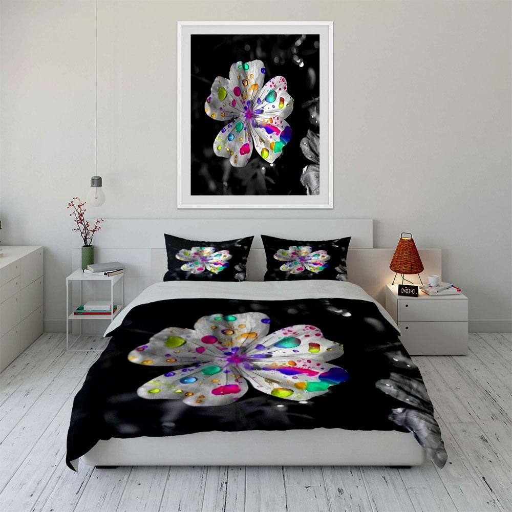3Pcs Rainbow Flower Bedding Set, White Flower with Colorful Water Drops Print Duvet Cover + 2 Pillowcases, Modern Art Decor
