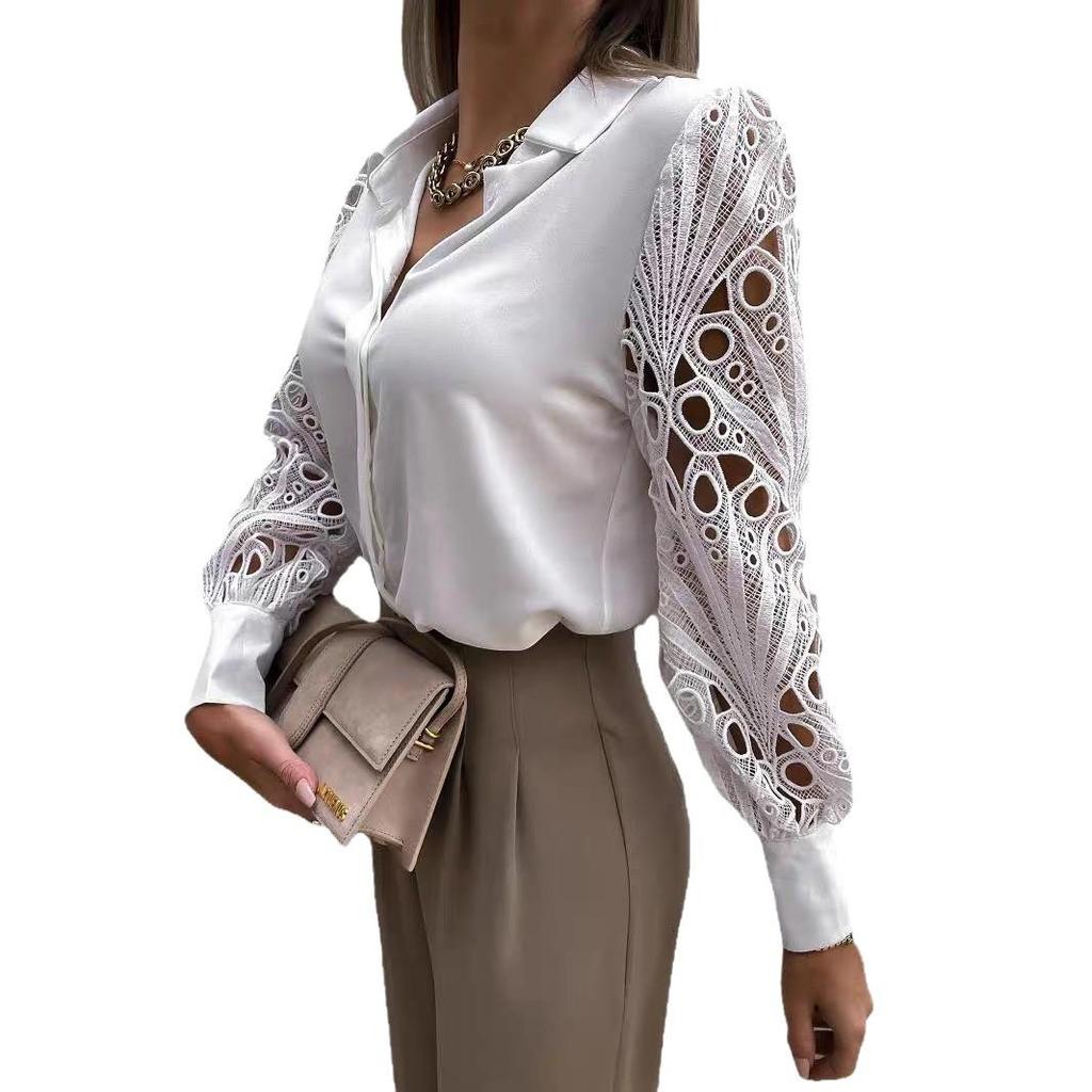 2025 Spring-Summer Women's Solid Color Lace Patchwork Blouse