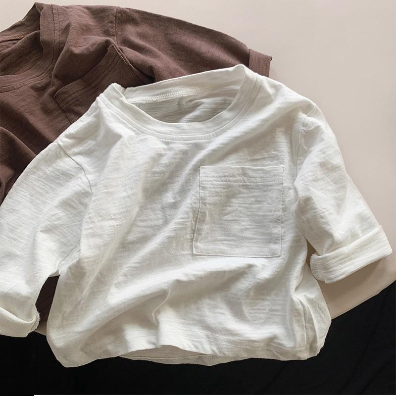 Summer 2026 Kids  Bamboo Cotton Pocket T-Shirt - Unisex Long-Sleeve Korean Design 73cm