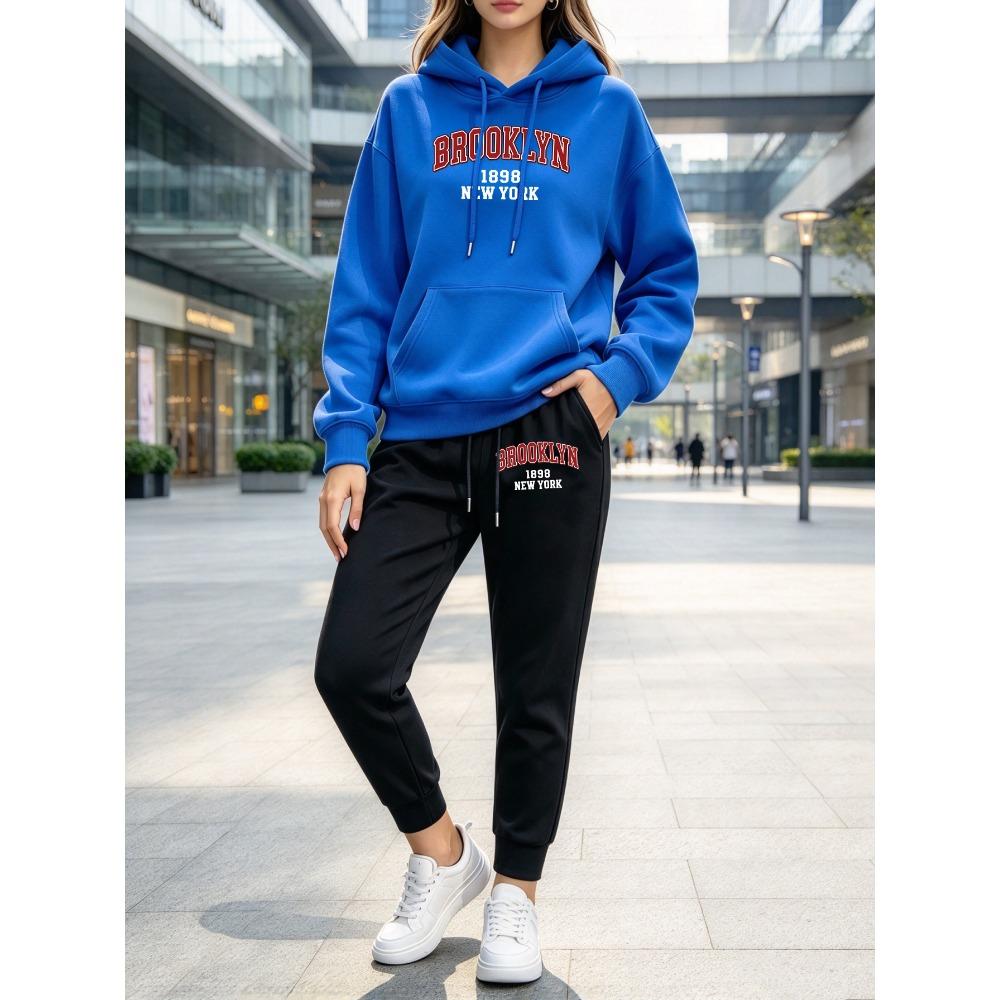 Brooklyn New York Usa Printed Y2K Women'S Hoody Set Multicolor Pocket Hoodie Loose Korean Pants