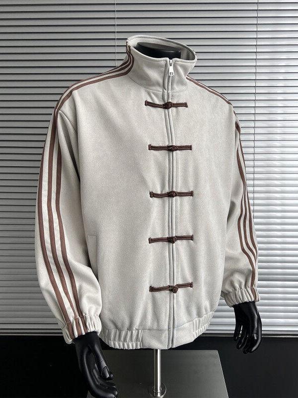 Men's Autumn Blue & White Patchwork Three-Stripe Stand Collar Jacket with Frog Buttons - New High-End Chinese Tang Suit Style.