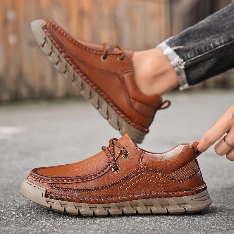 Men's Autumn Hand-Stitched Leather Driving Shoes - Large Size, Low-Top, Lace-Up, Flat Sole