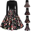 Women's Long Sleeve Vintage Dress Retro Fit Flare Holiday Party Dress Christmas Print Midi Dress with Waist Tie Belt