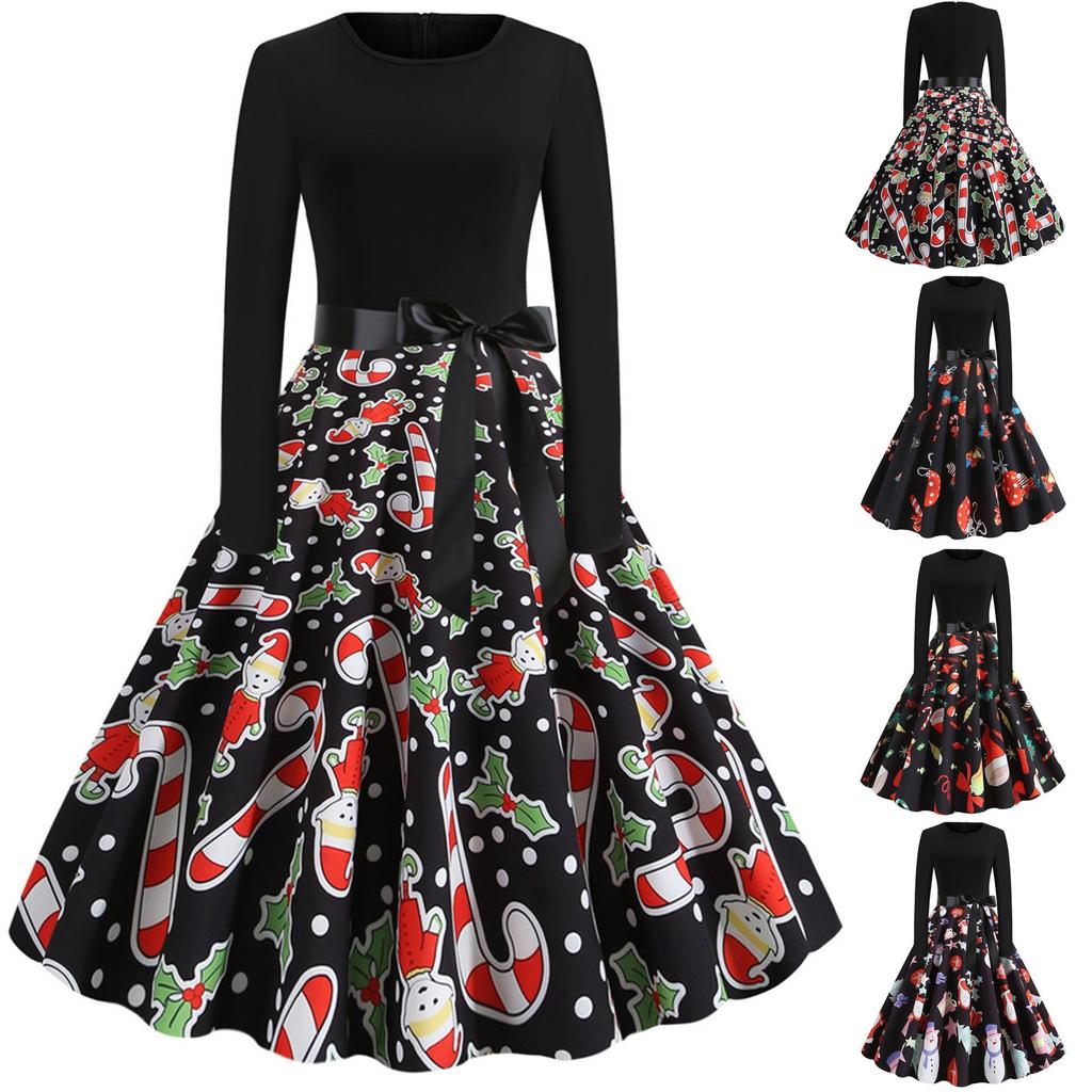 Women's Long Sleeve Vintage Dress Retro Fit Flare Holiday Party Dress Christmas Print Midi Dress with Waist Tie Belt
