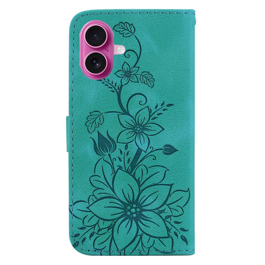 For iPhone 17 Stand Case Lily Flower Imprint Leather Phone Cover with Wrist Strap