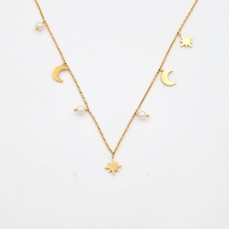 Personalized Light Luxury 18K Gold Star Moon Pearl Pendant Collarbone Chain Women'S Niche Titanium Steel Non-Fading Jewelry Necklace