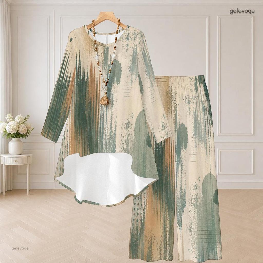 Women Plus Size Round Neck Long Sleeve Printed High Low Top Wide Leg Pants Two Piece Set
