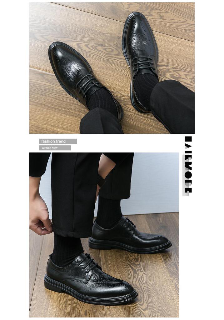 Men's British Pointed-Toe Leather Brogues - Low-Top Formal Lace-Up Shoes for Business or Weddings