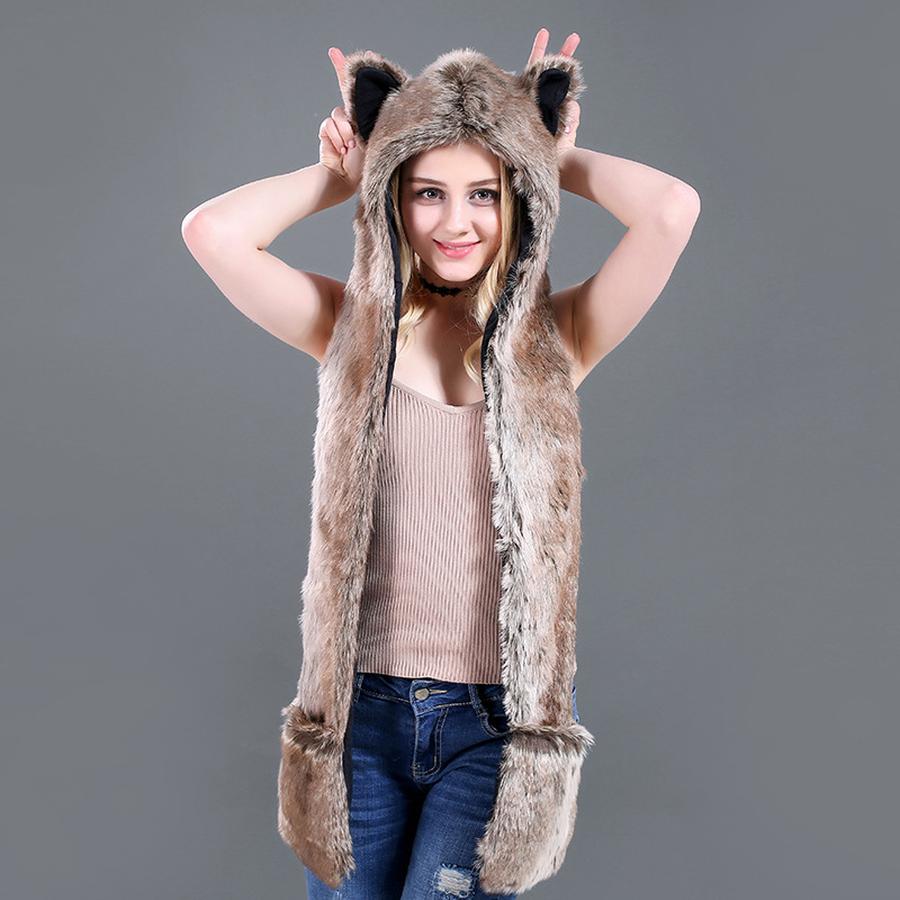Cartoon Plush Hat Scarf Glove Set - Cute Faux Fur Cap