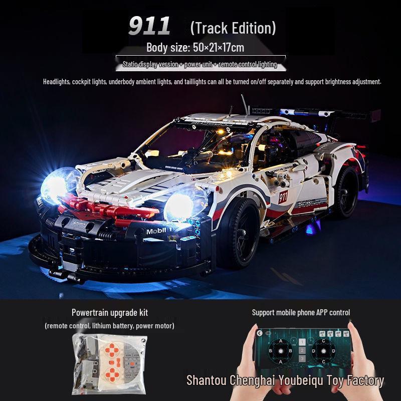 Model samochodu sportowego Porsche 911RSR: Zdalne sterowanie i montaż DIY kompatybilny z Lego