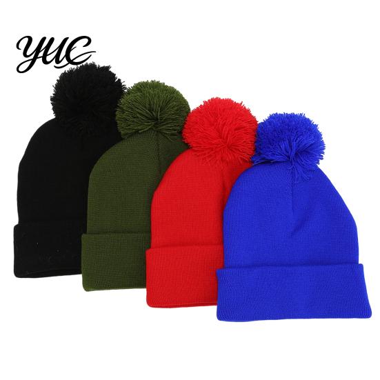 Solid Color Winter Headwear Knitted Hat with Faux Fur Ball, Soft Elastic Windproof Casual Daily Wear Warm Cap, Thickened for Men And Women Unisex