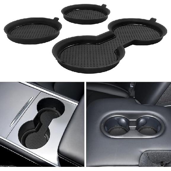For Tesla Model 3 Accessories - Model Y -2024 2025 Cup Holder Erts Center Console Liner Coasters Mat Pad Interior Decoration 3D Silicone (Black Trim,