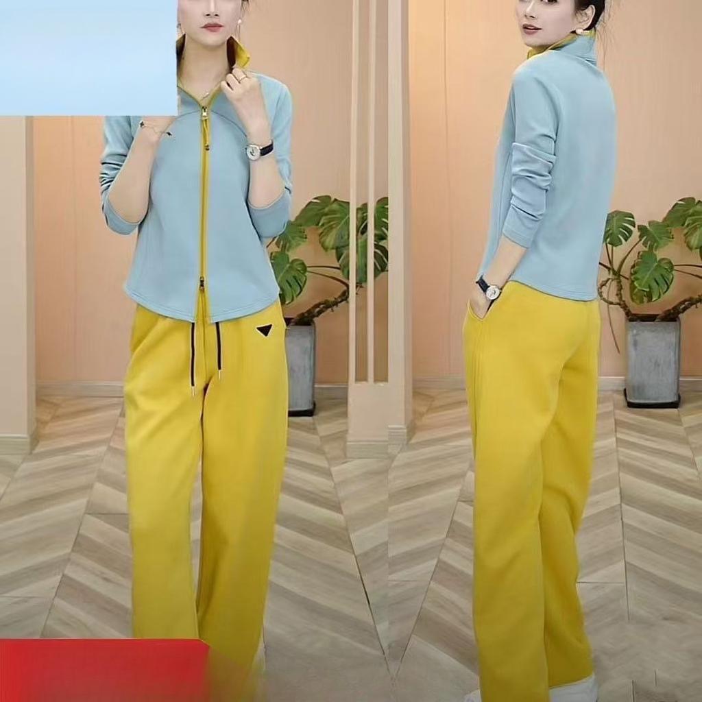 Spring Fashion Casual Sportswear Set - Elegant Stand-up Collar Long-sleeved Top, Straight-leg Pants - Two-piece Set