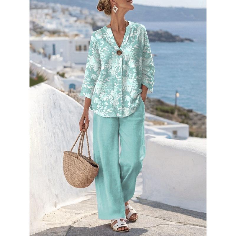 New European and American Style Sleeveless Digital Print Wide-Leg Pants Set Women's Summer Casual Fashion Two-Piece Trendy Style