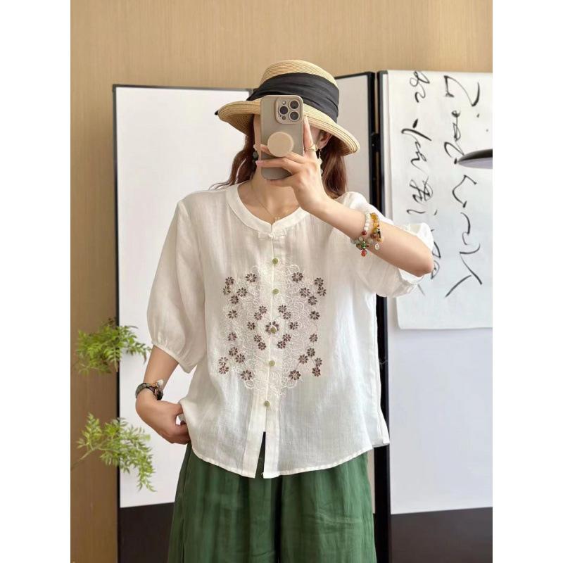 New Chinese Cotton and Linen Embroidered Shirt Women's Summer New Loose Stand-up Collar Single-row Bead Buckle Loose Top