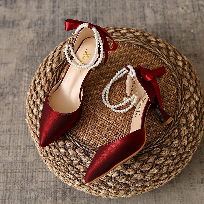 Fashion Slimming Shoes Casual Heels Shallow Mouth Sandals Ladies Pointed Pumps Hollow 2024 All-Match Comfortable Beige African Bow Toe