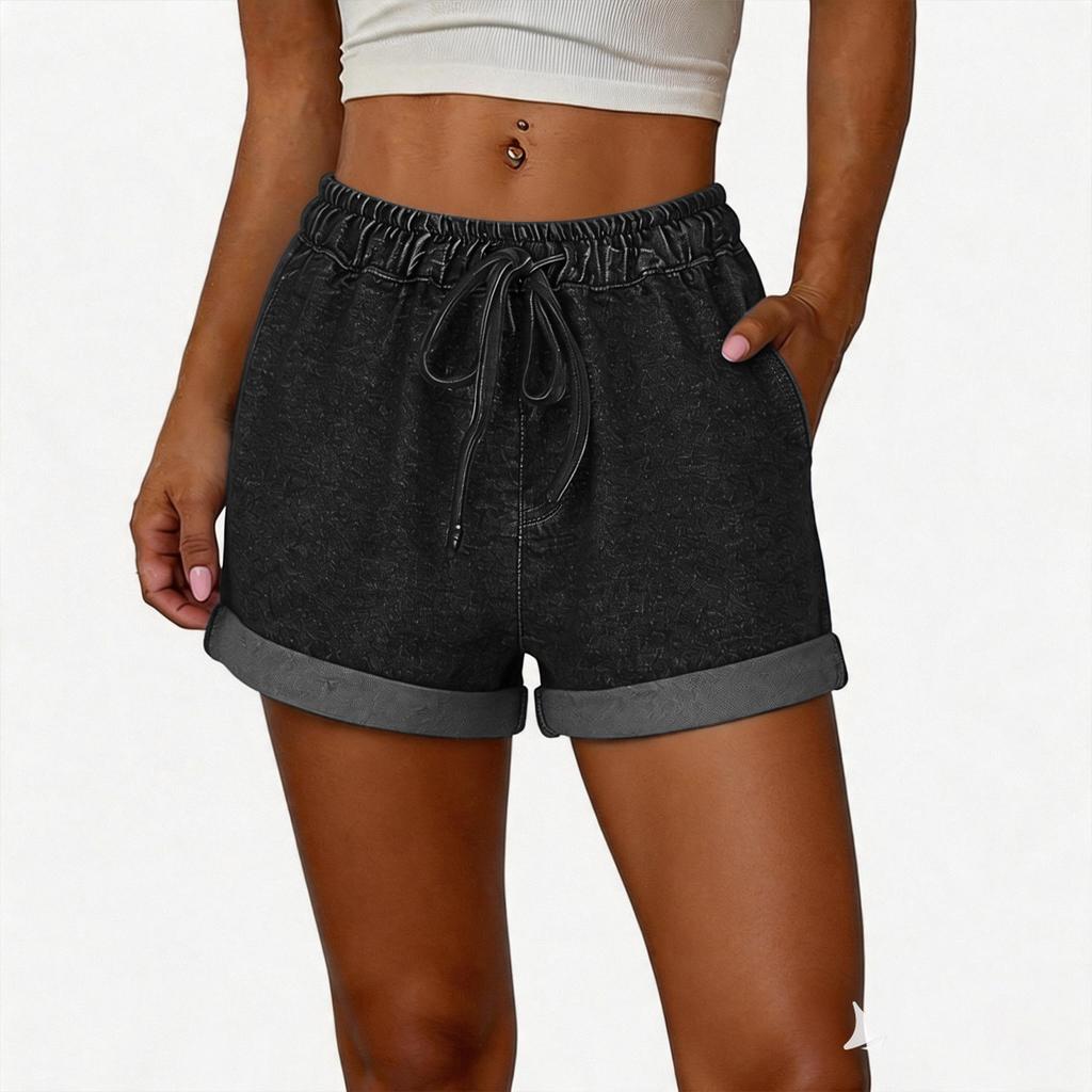 Women Casual Loose Fit Denim Shorts with Elastic Waistband Adjustable Drawstring and Rolled Hem for Daily Wear