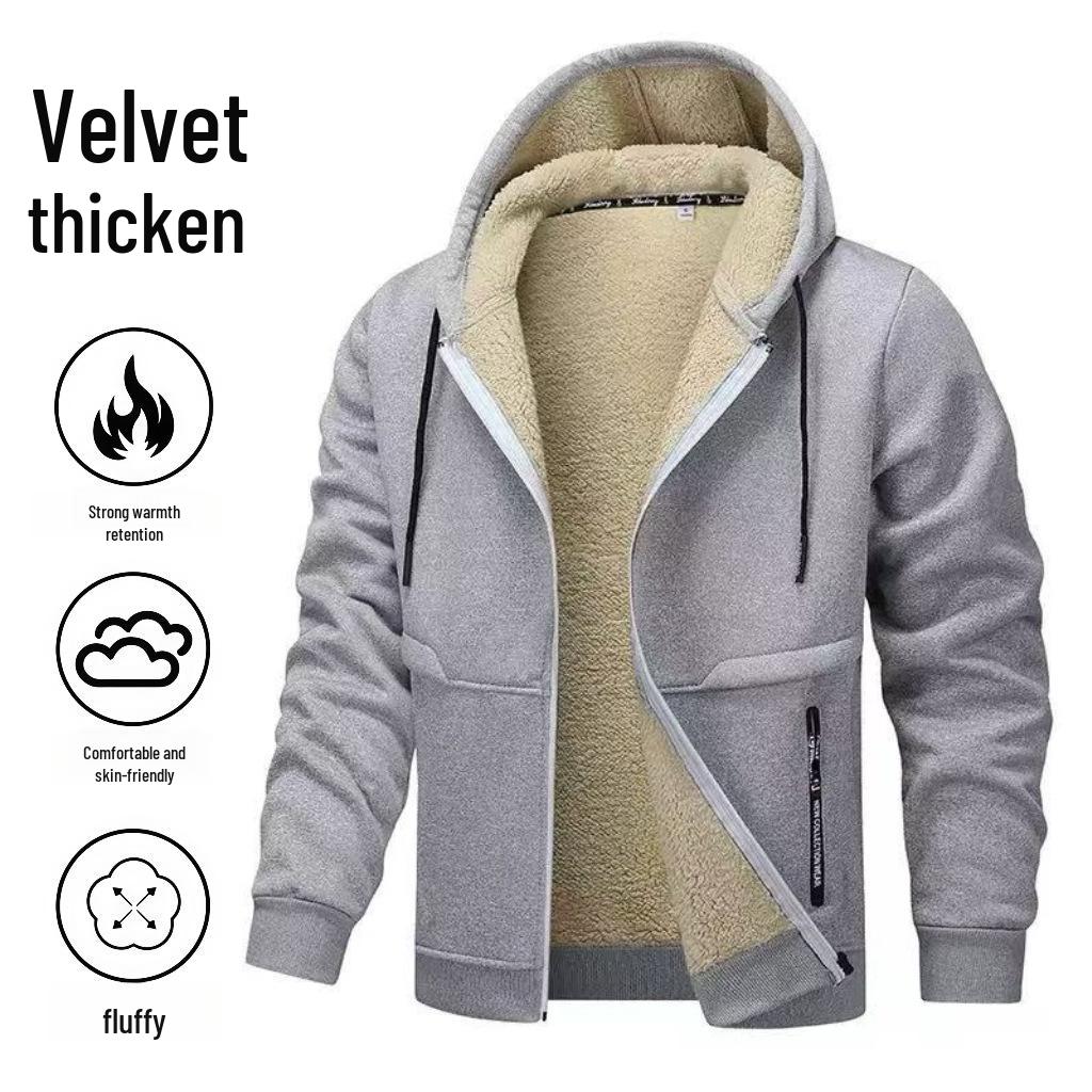 Men's European Lamb Wool Hooded Sweatshirt - Autumn/Winter Velvet-Thickened Baseball Jacket