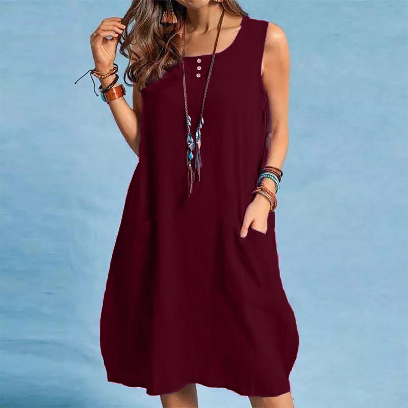 QICED Fashion Summer Spring Solid Color Print Sleeveless O-Neck Casual Dresses