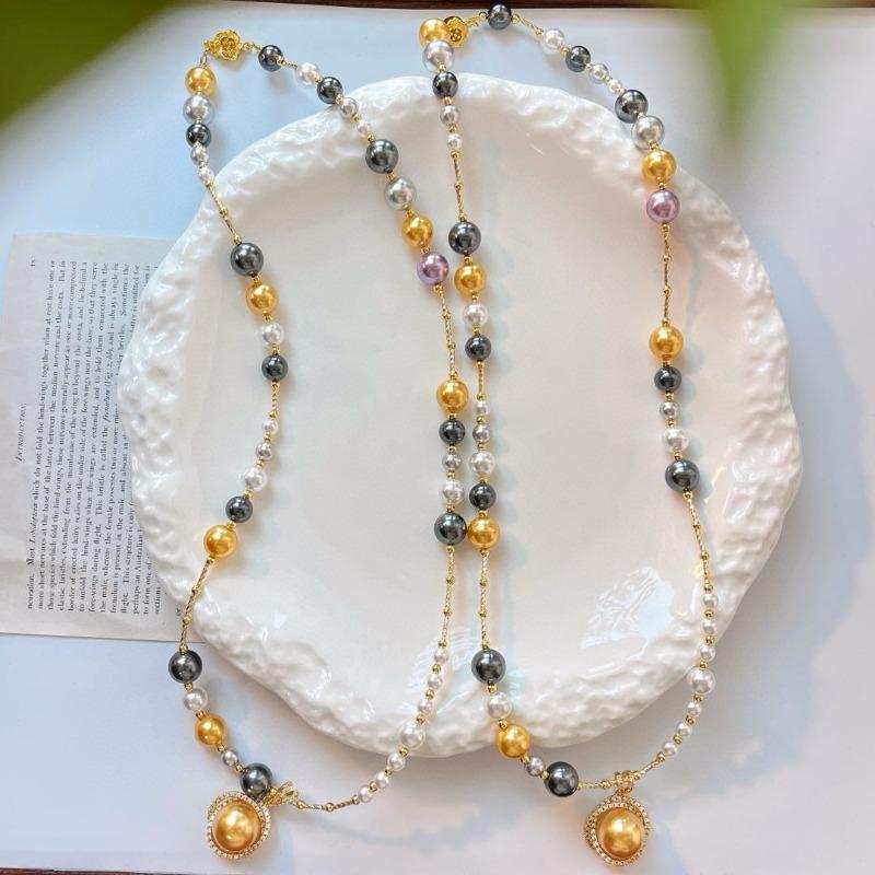 Gold Plated Multi-Tone Mixed Pearl Chain Necklace With Double Halo Golden Pearl Pendant