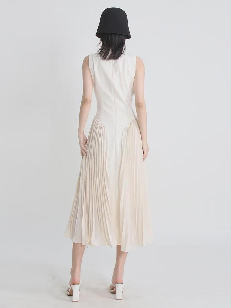 2025 Spring French Style Sleeveless Contrast Stitch Pleated Dress