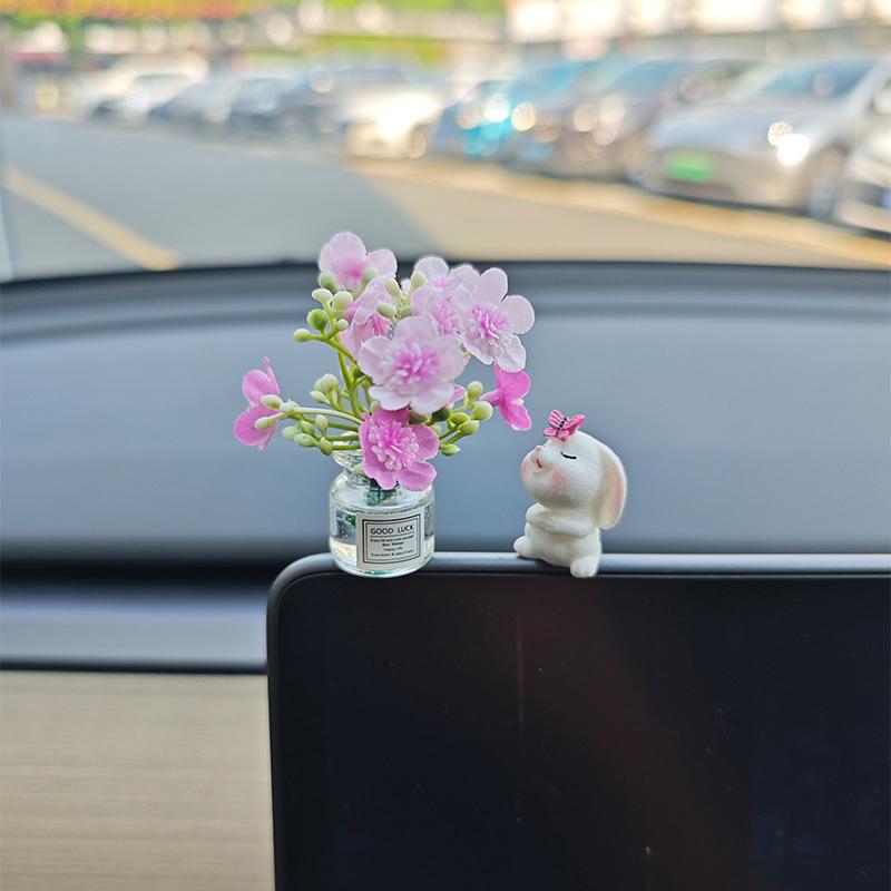 1 Set  Car Healing Doll Ornaments Cute Mini Vase And Rabbit Car Center Console Window Decoration