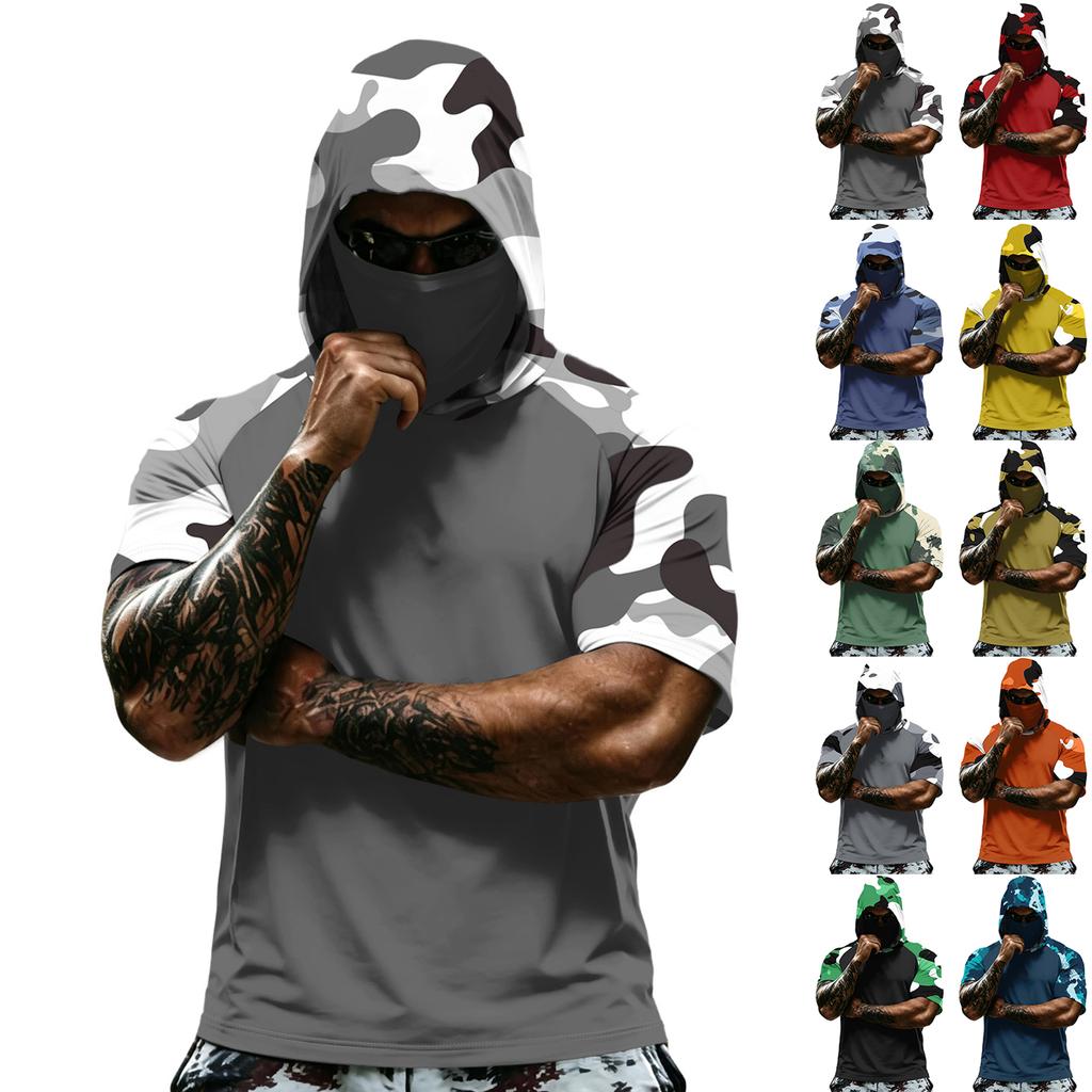 Men's Short Sleeve Hooded T Shirt Digital Camouflage Print Pullover Athletic Fit Lightweight Top for Sports Training