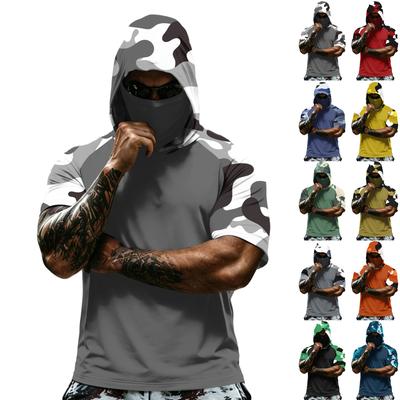 Men's Summer Camouflage Gradient Drying Short-sleeved T-shirt, Sun Clothing, Fishing, Fitness, Sports, Hooded Short-sleeved Shirt